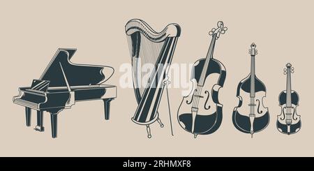 Seamless pattern with hand drawn doodle Musical Instruments. A collection of types of classical musical instruments in an orchestra. Vector illustrati Stock Vector