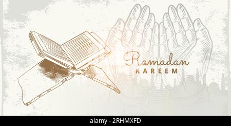 Ramadan Kareem greeting card with hand drawn quran sketch mosque and mosque. Stock Vector