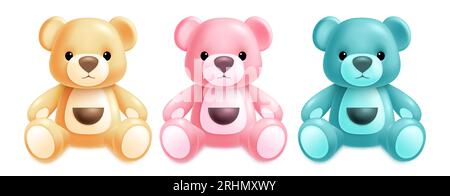 Teddy bear birthday vector set design. Birthday teddy bear cartoon characters isolated in white background. Vector illustration cute party gift Stock Vector