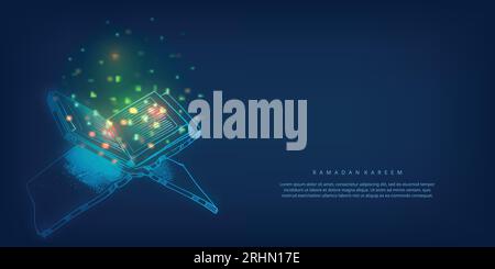 Ramadan Kareem greeting card with glowing hand drawn quran on blue background. Stock Vector