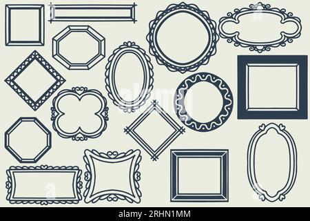 16 hand drawn frame decoration set. collection of hand drawn doodle frames isolated on white background, black drawings set, minimal freehand drawn sk Stock Vector