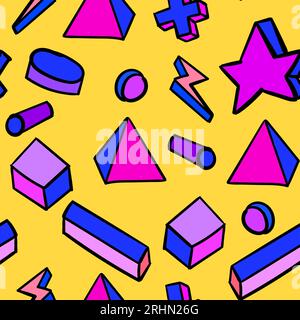 90s nostalgia seamless pattern in geometric style on blue background. Stock Vector