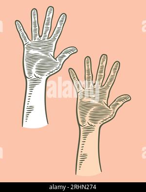 hand drawing engraving hand hi five isolated on pink background Stock Vector