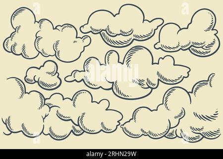 set of clouds in hand drawn vintage retro style isolated on white background. Cartoon design elements. Stock Vector