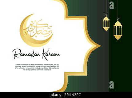 Ramadan kareem greeting card background with islamic calligraphy, moon and lanterns. Stock Vector