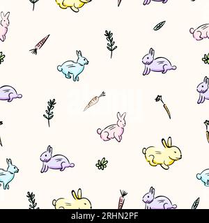One continuous single line of rabbit carrot and plant seamless pattern isolated on white background. Stock Vector