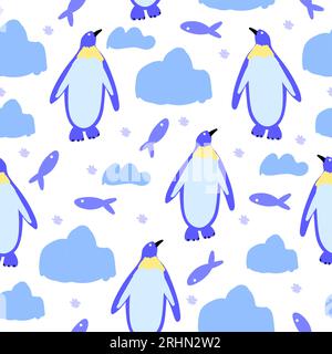 Seamless pattern of cute penguins, fish on pole isolated on white background. Stock Vector