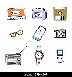 90s stuff nostalgia elements with walkman, disk, camera, radio, cassette and game boy isolated on white background. Stock Vector