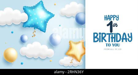 Birthday invitation card vector template. Happy 1st birthday greeting text with sky blue balloons and clouds elements. Vector illustration invitation Stock Vector