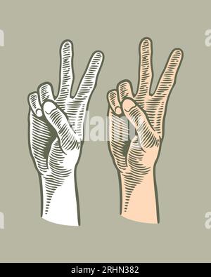 hand drawing engraving hand peace gesture isolated on grey background Stock Vector