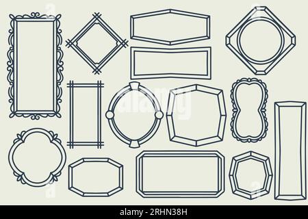Fourteen 14 hand drawn frame decoration set. collection of hand drawn doodle frames isolated on white background, black drawings set, minimal freehand Stock Vector