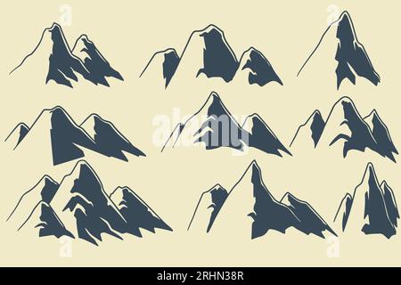 hand drawn natural decoration set of nine big mountain sketch illustration isolated on white background. Stock Vector