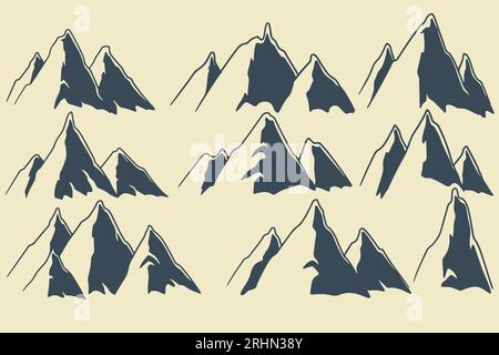hand drawn natural decoration set of nine big mountain sketch illustration isolated on white background. Stock Vector