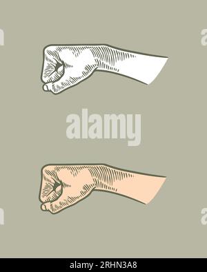 hand drawing engraving hand fist arm isolated on grey background Stock Vector