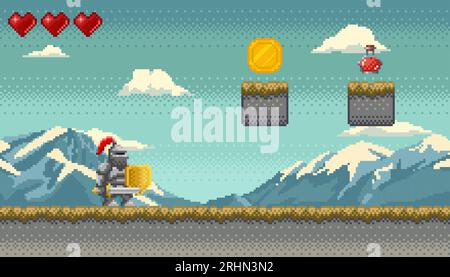 Pixel art style, knight in armor with sword and shield with mountains and clouds on background. Retro video game pixelated scene with platforms with g Stock Vector