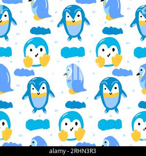 Seamless pattern of cute penguins isolated on white background. Stock Vector