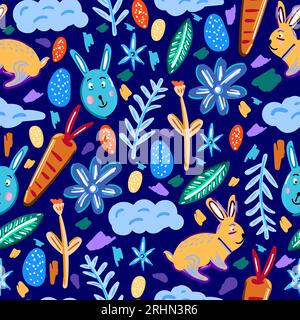 Seamless pattern of easter elements isolated on blue background. Stock Vector
