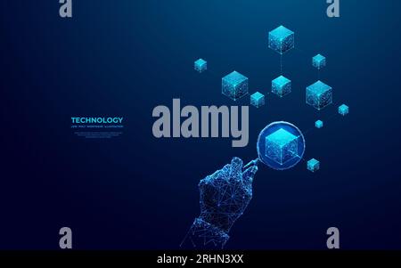Abstract human hand with magnifying study blockchain icon.  Stock Vector