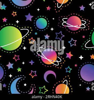 Neon seamless night sky stars pattern. Sketch moon, space planets and hand drawn star vector illustration. Astronomy symbols decorative texture. Cosmi Stock Vector