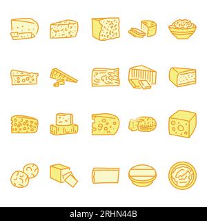 Types of cheeses сolor line icons set. Pictograms for web page. Stock Vector