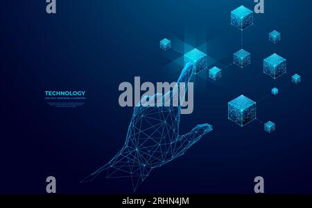 Hand touching on blockchain. Human finger clicks on linked cubes. Stock Vector