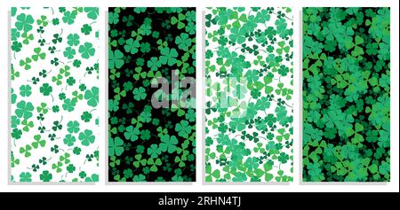 Set of vertical St.Patrick Day festive flyers with Three and four leaf clover seamless patterns. Clover leaf silhouette. Templates for invitation, ban Stock Vector