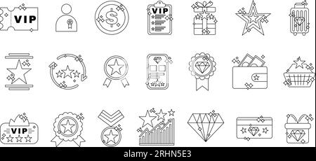 Exclusive benefits icon collection. VIP ticket, diamond and crown, premium quality, coin token icons set. Stock Vector