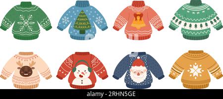 Ugly sweater party. Merry Christmas collection with funny sweaters. Big set with hand drawn falt holidays pullover - reindeer, snowman and Santa Claus Stock Vector