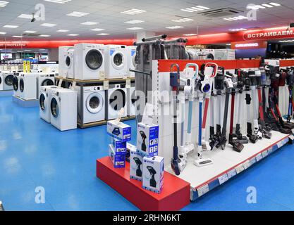 Moscow, Russia - Aug 14. 2023. Inside Mvideo shop of electronics and a home appliances in Zelenograd Stock Photo