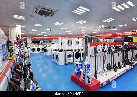 Moscow, Russia - Aug 14. 2023. Inside Mvideo shop of electronics and a home appliances in Zelenograd Stock Photo