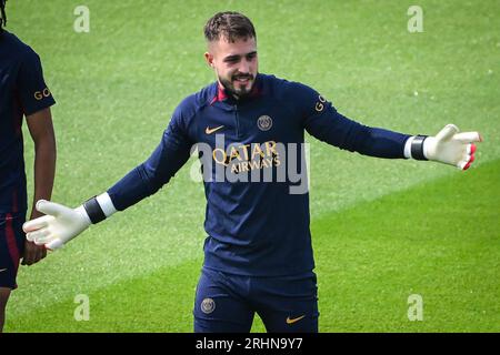 Poissy, France, France. 18th Aug, 2023. Arnau TENAS of PSG during a Paris Saint-Germain training session at Campus PSG on August 18, 2023 in Poissy near Paris, France. (Credit Image: © Matthieu Mirville/ZUMA Press Wire) EDITORIAL USAGE ONLY! Not for Commercial USAGE! Credit: ZUMA Press, Inc./Alamy Live News Stock Photo