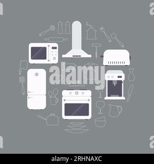 Set of kitchen equipment and utensils on grey background Stock Vector