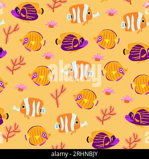Vector seamless pattern with beautiful exotic fish, coral reafs fish collection with corals, seaweed on orange background. Exotic tropical fishvpattern. Hawaii resort print with colorful fish. Vector illustration Stock Vector