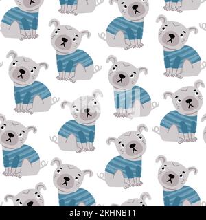 Vector seamless pattern with cute pugs wearing blue tshirt. Perfect for childrens pattern for boys. Simple cute pug puppy pattern in hand drawn style. Vector illustration Stock Vector