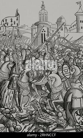 Battle of Auray (29 September 1364). War of the Breton Succession (1341-1364). Confrontation between two Breton factions. One of them was supported by France, led by Charles de Blois and Bernard du Gueslin. The other faction was supported by England, under John de Montfort and Sir John Chandos. The Anglo-Breton side won the victory. Facsimile after an illustration from the Chronicles of Brittany, 1514. 'Vie Militaire et Religieuse au Moyen Age et à l'Epoque de la Renaissance.' Paris, 1877. Stock Photo