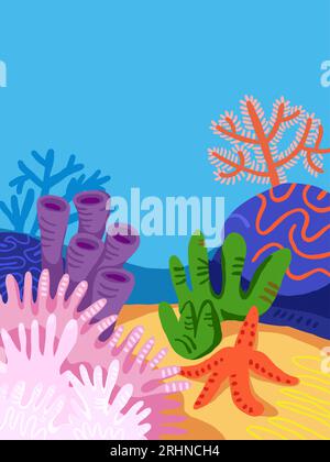Underwater scene background with coral reads, rocks, corals, sea star ...
