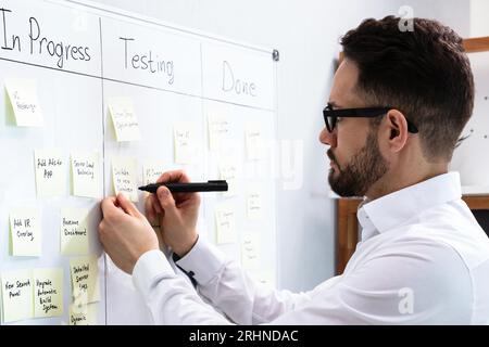 Side View Of Businessman Writing On Sticky Notes Attached To White Board In Office Stock Photo