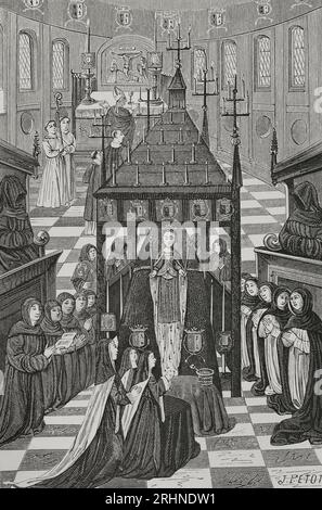 Anne of Brittany (1477-1514). Duchess of Brittany and Queen consort of France (1491-1498, 1499-1514). She died on 8 January 1514 at the Château de Blois. The funeral ceremony took place on 4 February 1514 in the church of Saint-Sauveur. The funerals were held over a period of forty days. In front of the coffin stood the effigy, with the sceptre and the crown. The cordeliers (Franciscan friars) and the Jacobins, kneeling. The bishop of Paris officiated the mass. Engraving after a miniature in 'Le Trespas de l'Hermine regrettée', ca. 1515. 'Vie Militaire et Religieuse au Moyen Age et à l'Epoque Stock Photo