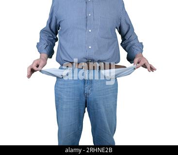 a man without money with empty pockets on a transparent background Stock Photo