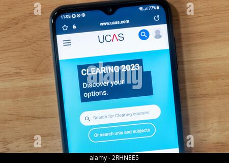 August 18th 2023. This year's A level results are out, and some students wanting to go to university but without the required grades are going through the clearing process to find places. The UCAS clearing 2023 website is shown on a mobile phone. Stock Photo