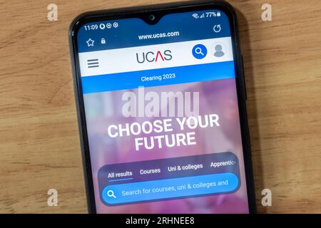 August 18th 2023. This year's A level results are out, and some students wanting to go to university but without the required grades are going through the clearing process to find places. The UCAS clearing 2023 website is shown on a mobile phone. Stock Photo
