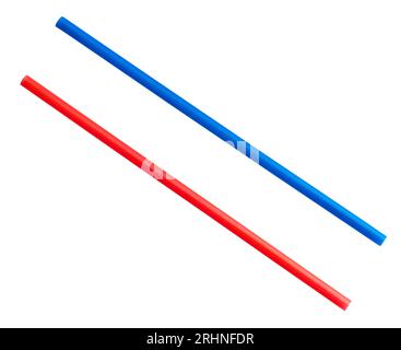 disposable blue and red plastic drinking straws cutout on white background Stock Photo