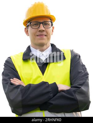 Portrait of a smiling engineer in a glasses, helmet and blue suit looking at camera. Isolated.. Stock Photo