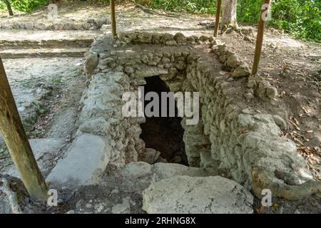 Tomb H2 in Plaza H in the Mayan ruins in the Cahal Pech Archeological Reserve, Belize. Stock Photo