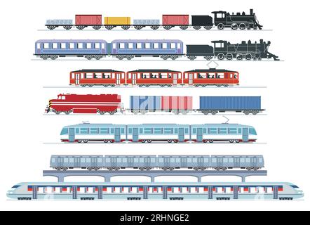 Set of railways and express trains, trams, illustration Stock Vector