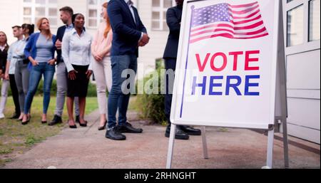 Diverse People At Voting Booth. Vote Here Elections Sign Stock Photo ...