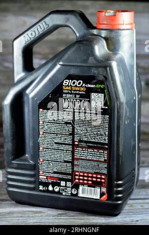 Cairo, Egypt, July 28 2023: Motul X-clean EFE 8100 motor oil SAE 5W-30 Synthetic High Performance Gasoline and Diesel engine oil for latest generation Stock Photo