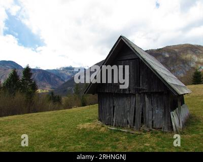 Old shabby wooden abandoned crumbling house on a meadow and forest covered mountans in Julian alps and Triglav national park in Gorenjska, Slovenia Stock Photo