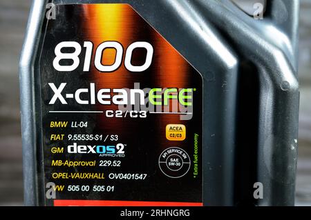 Cairo, Egypt, July 28 2023: Motul X-clean EFE 8100 motor oil SAE 5W-30 Synthetic High Performance Gasoline and Diesel engine oil for latest generation Stock Photo
