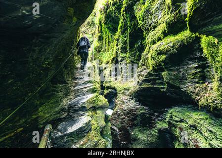 A woman walks uphill out of a gorge covered with green moss in Devon England UK Stock Photo